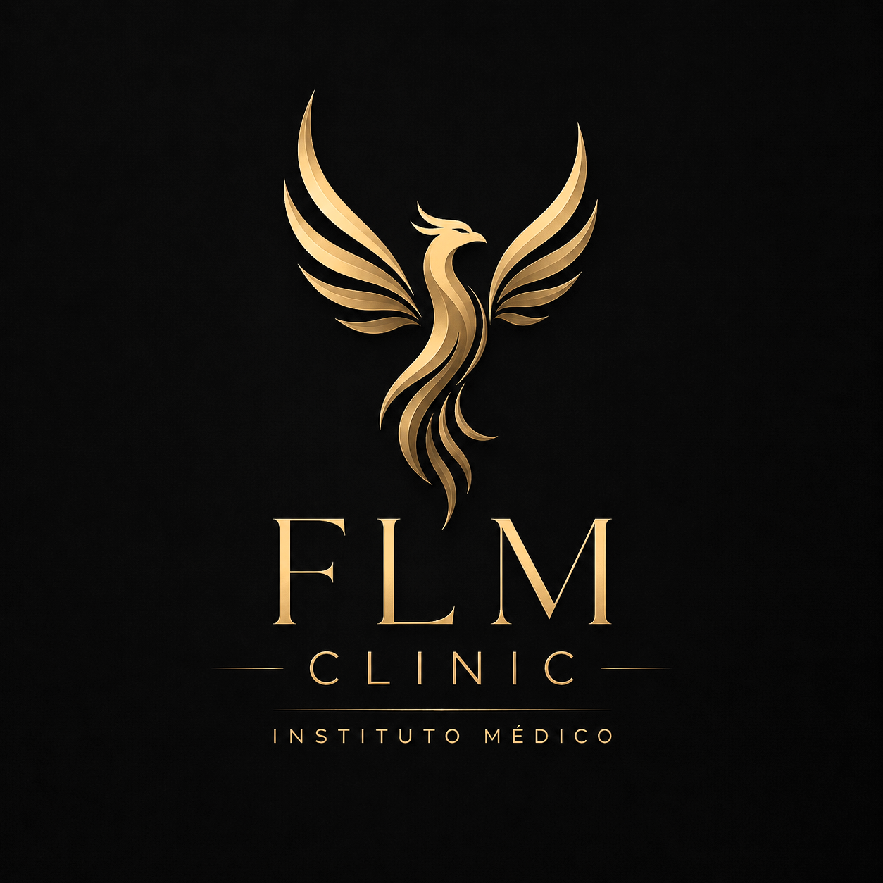 FLM Clinic — Instituto Médico. Fénix dourada, símbolo da clínica.